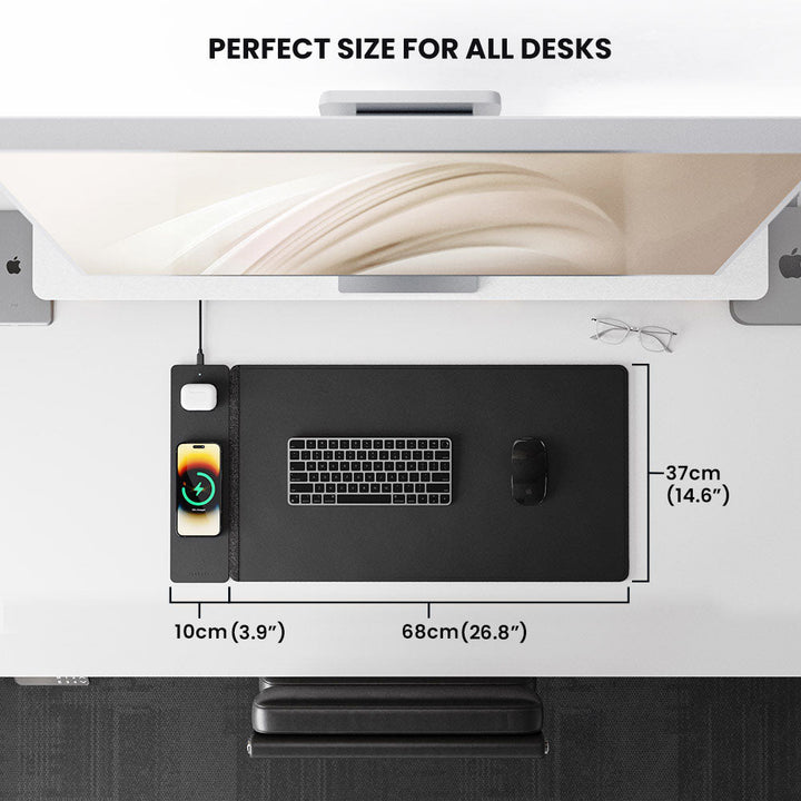 Georganiseerd bureau met ChargePad Flex draadloze bureaumat, laptop en smartphone opladend. Essentieel voor thuiswerk.