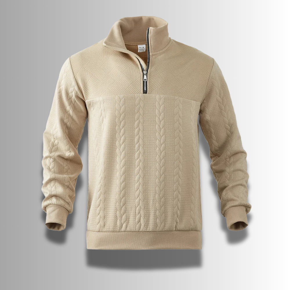 Heren merinowol trui met ritskraag, combineert comfort en stijl voor casual of zakelijke look.
