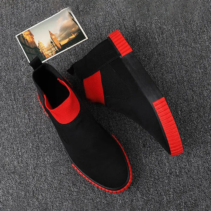 Stijlvolle heren high-top sneakers van canvas; sportieve vrijetijdsschoenen voor stedelijke mode.