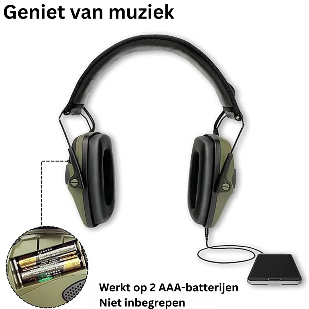 Ergonomisch ontworpen geluiddempende oorkappen; verstelbaar en comfortabel voor lange sessies schieten of jagen.