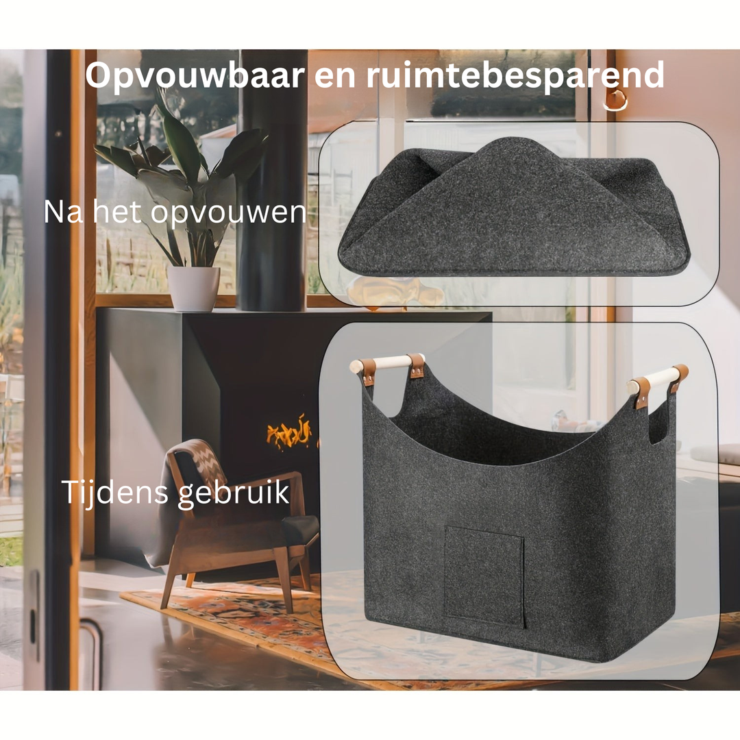 Ruime XL viltmand in donkergrijs met elegante houten handgrepen, geschikt als opvouwbare houtdrager of opbergmand.