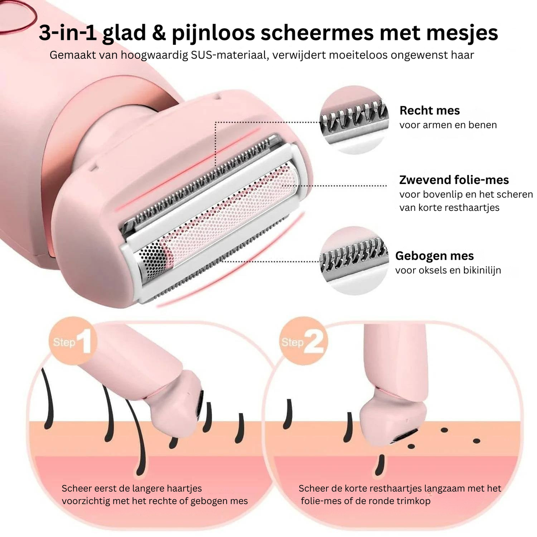 Ergonomisch dames scheerapparaat, ligt comfortabel in de hand voor moeiteloze lichaamsverzorging.