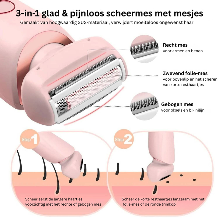 Ergonomisch dames scheerapparaat, ligt comfortabel in de hand voor moeiteloze lichaamsverzorging.