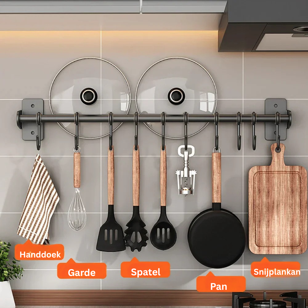 Modern design keuken hangrek, perfect voor het netjes opbergen van keukengerei en deksels aan de muur.