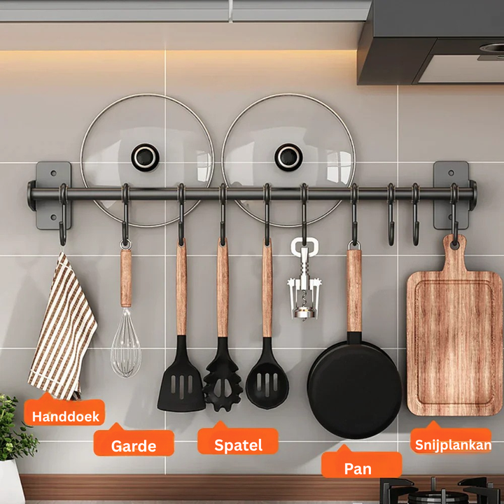 Modern design keuken hangrek, perfect voor het netjes opbergen van keukengerei en deksels aan de muur.