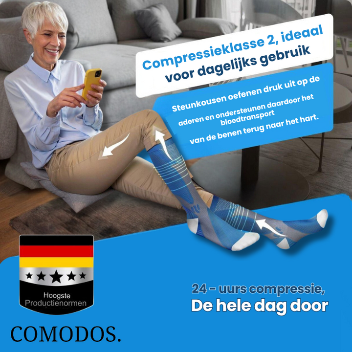 Zachte compressiekousen voor vermoeide benen, optimaliseren comfort en bloedcirculatie dagelijks.