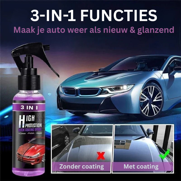 Waterloos wassen met 3-in-1 autocoating spray voor snelle glans en bescherming. Ideaal voor eenvoudig autoonderhoud.