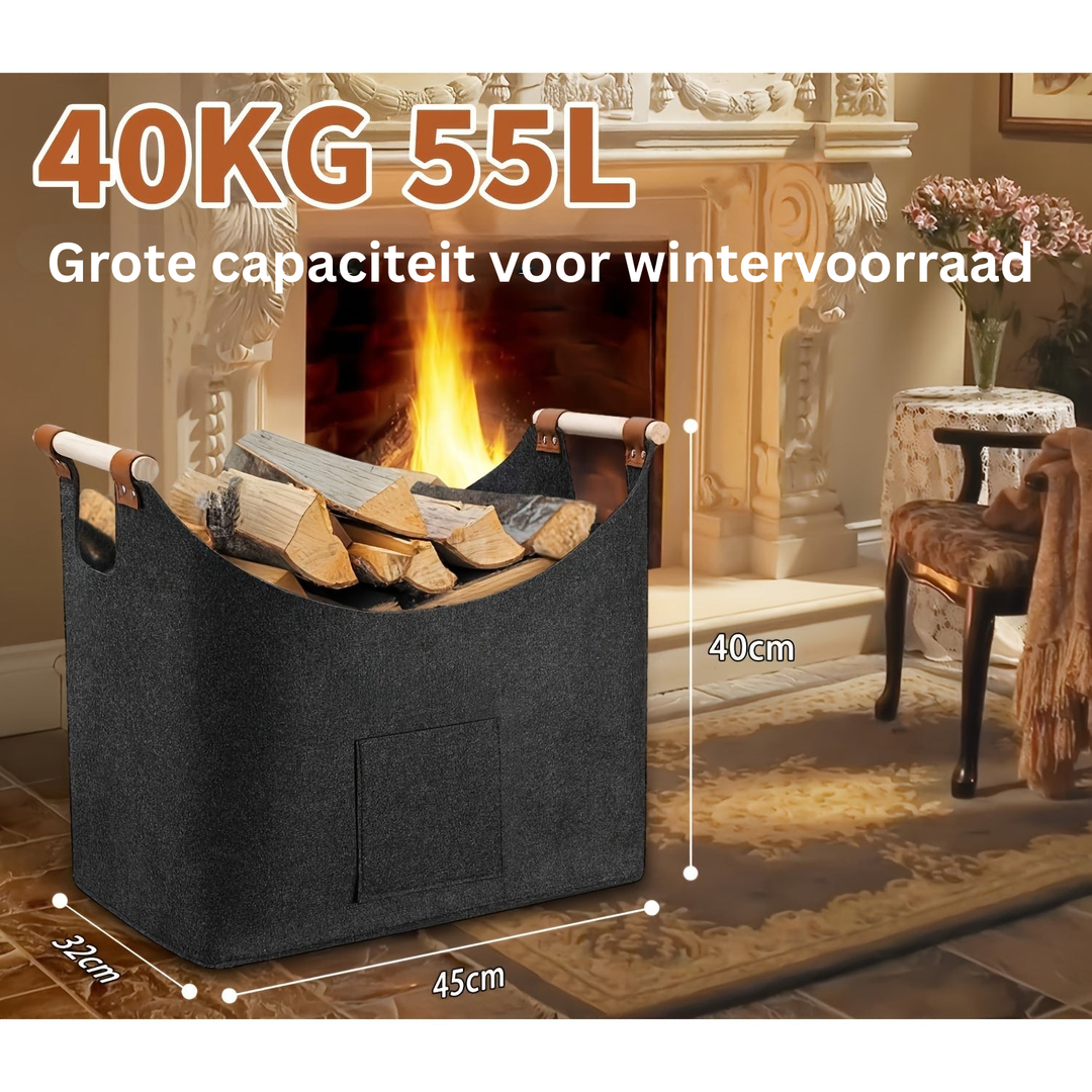 Opvouwbare donkergrijze viltmand XL met houten handgrepen; perfect als moderne opbergmand of houtdrager.