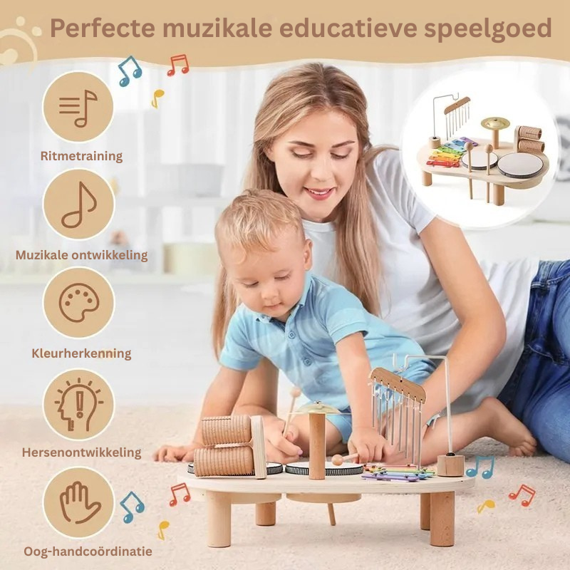 Montessori-geïnspireerd houten muziekstation voor jonge muzikanten, perfect voor creatief spel en ontwikkeling.