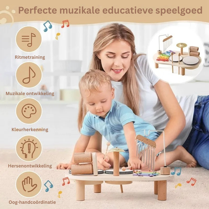 Montessori-geïnspireerd houten muziekstation voor jonge muzikanten, perfect voor creatief spel en ontwikkeling.