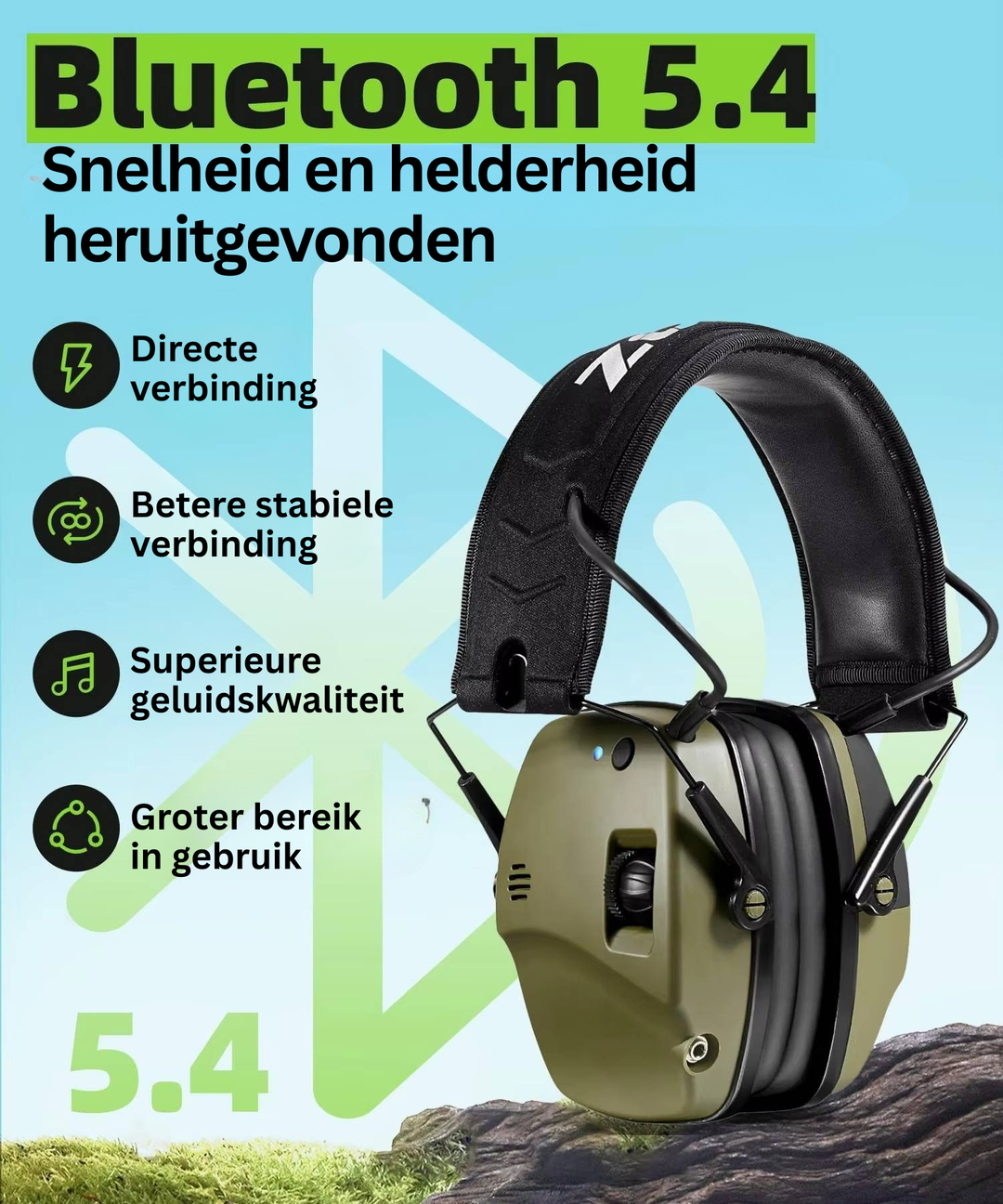 Essentiële gehoorbescherming en veiligheid voor schietsport en jacht, met actieve geluidsversterkende functie.