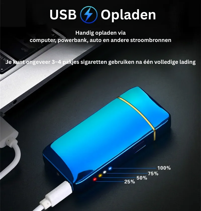 Compacte metalen USB aansteker met plasma technologie. Winddicht en oplaadbaar.