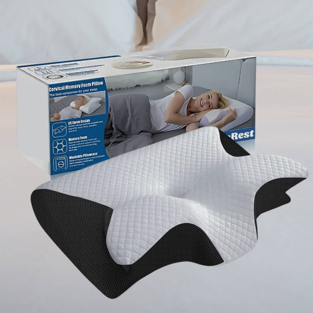 Comfortabel traagschuim kussen, orthopedisch gevormd voor optimale ondersteuning van nek & schouders tijdens slaap.