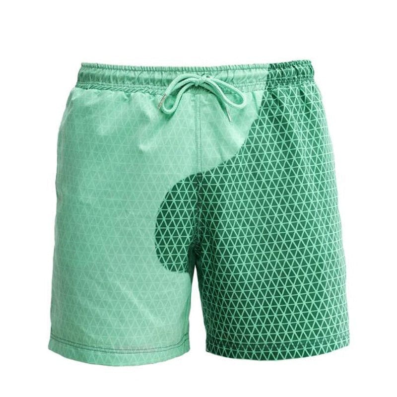 Textuur van de natte kleurveranderende heren zwemshorts; hoogwaardig en sneldrogend materiaal.