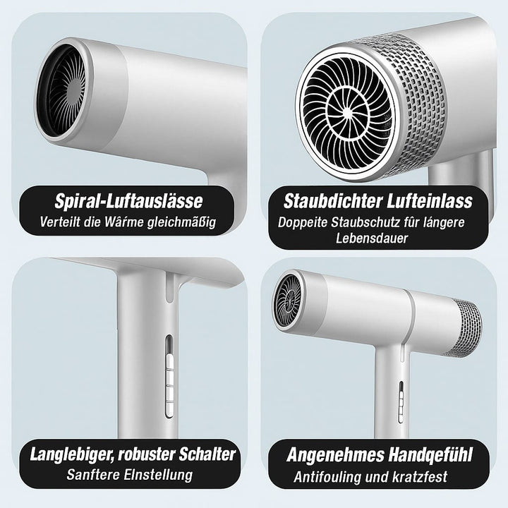 Grijze professionele haardroger, ionisch voor gezonde haarverzorging, sneldrogend en zacht.