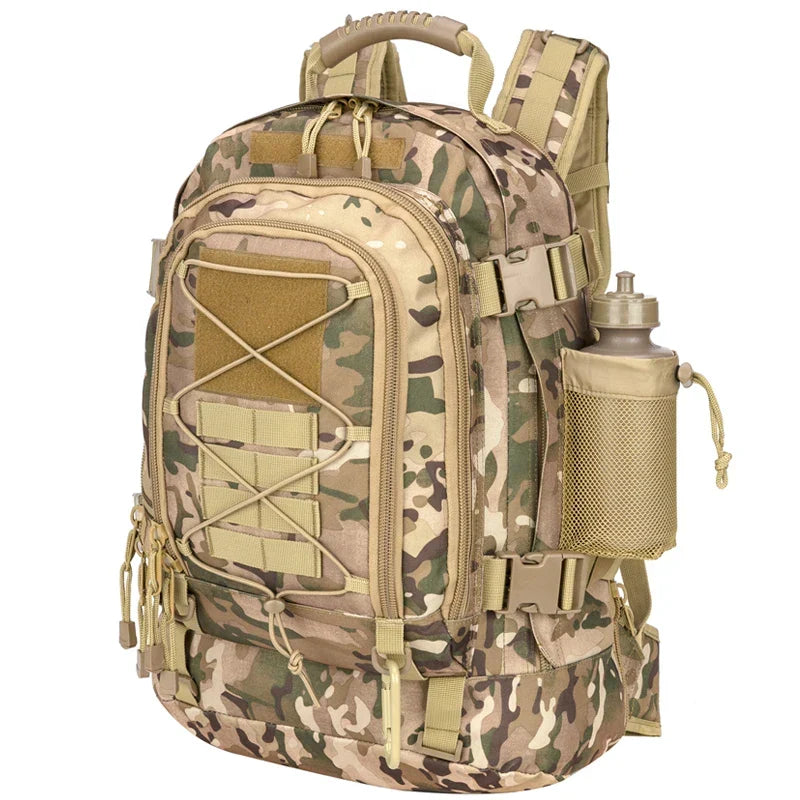 Veelzijdige 65L outdoor rugzak, geschikt voor wandelen, kamperen en lange trekking reizen.