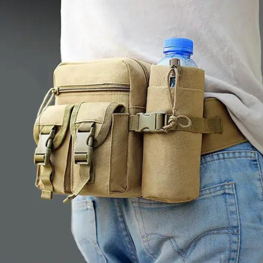 Praktische opbergtas als heuptas voor outdoor avonturen, inclusief waterfleshouder van stevig Oxford.