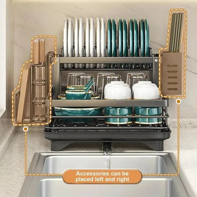 Wit verstelbaar afwasrek RVS voor keuken, compact dubbellaags design, ideaal voor afwassen.