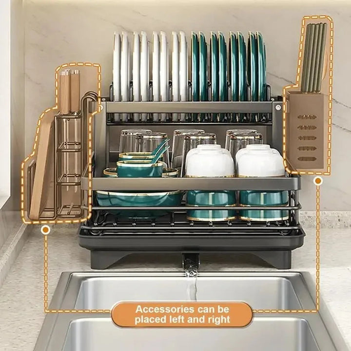 Wit verstelbaar afwasrek RVS voor keuken, compact dubbellaags design, ideaal voor afwassen.