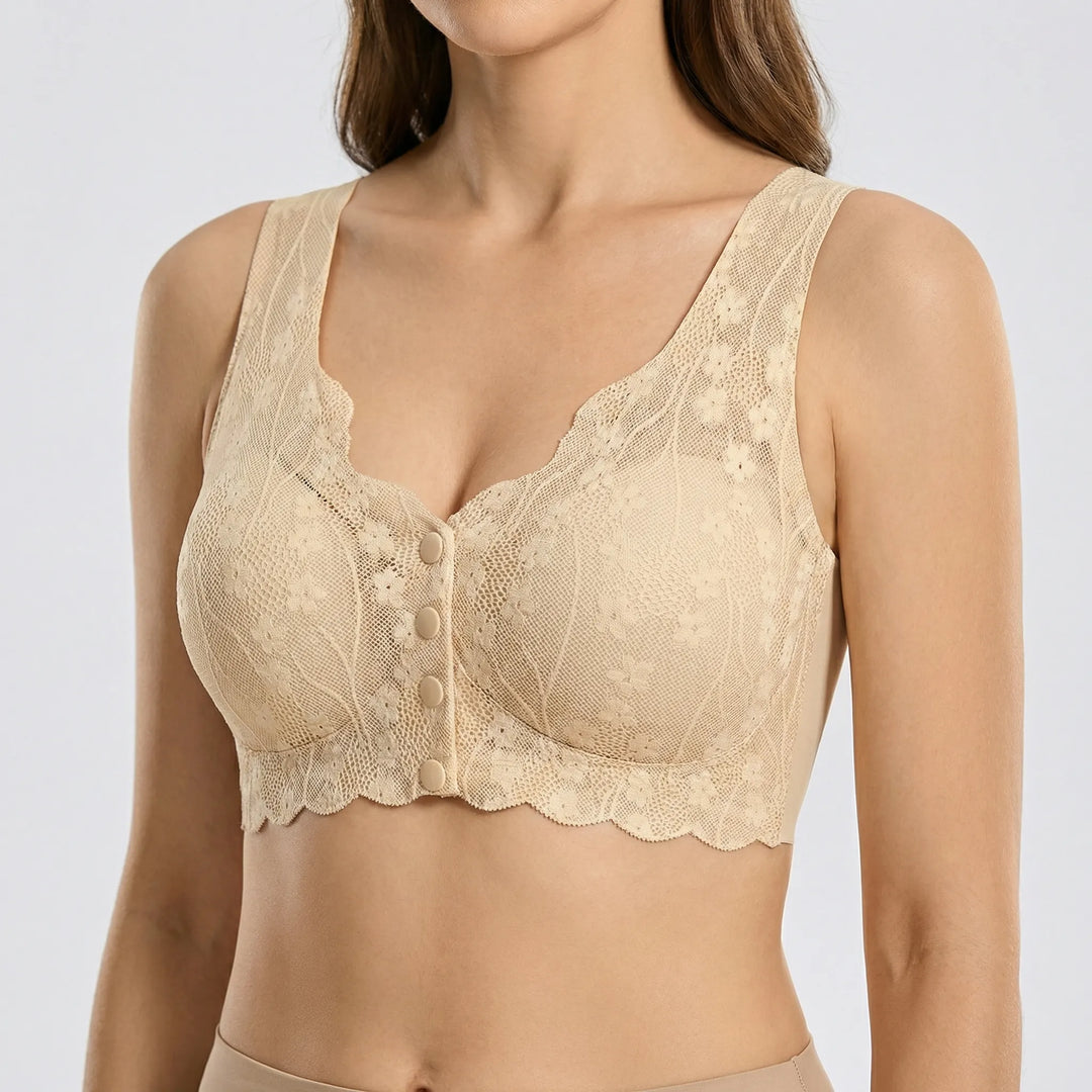 Gemakkelijk aan te trekken dames bh met voorsluiting en brede bandjes voor superieure ondersteuning en comfort.