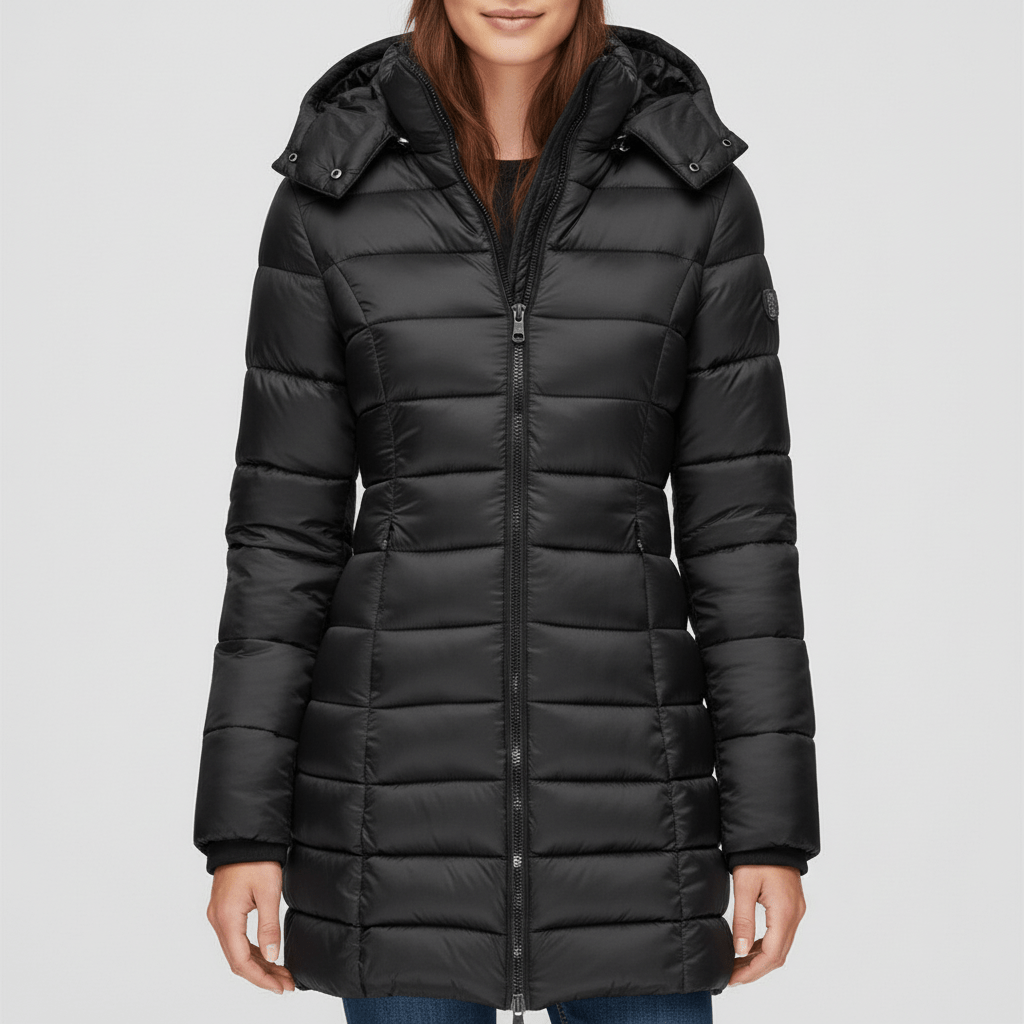 Chique Sofia dames winterjas met een flatterende snit en warme capuchon, perfect voor koud weer.