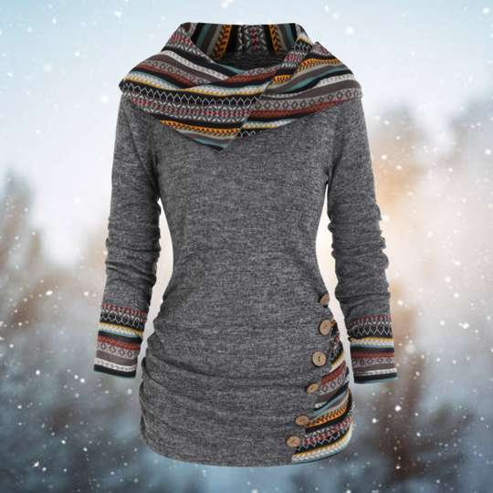 Unieke Naïma dames capuchontrui, geometrisch tribaal patroon voor een moderne, comfortabele en stijlvolle look.