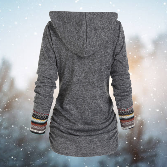 Comfortabele dames hoodie Naïma met trendy geometrisch patroon, perfect voor een casual en stijlvolle alledaagse outfit.