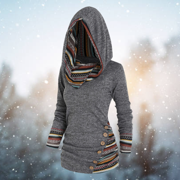 Dames hoodie Naïma met stijlvol geometrisch tribaal patroon, comfortabel en modieus voor casual dagen.
