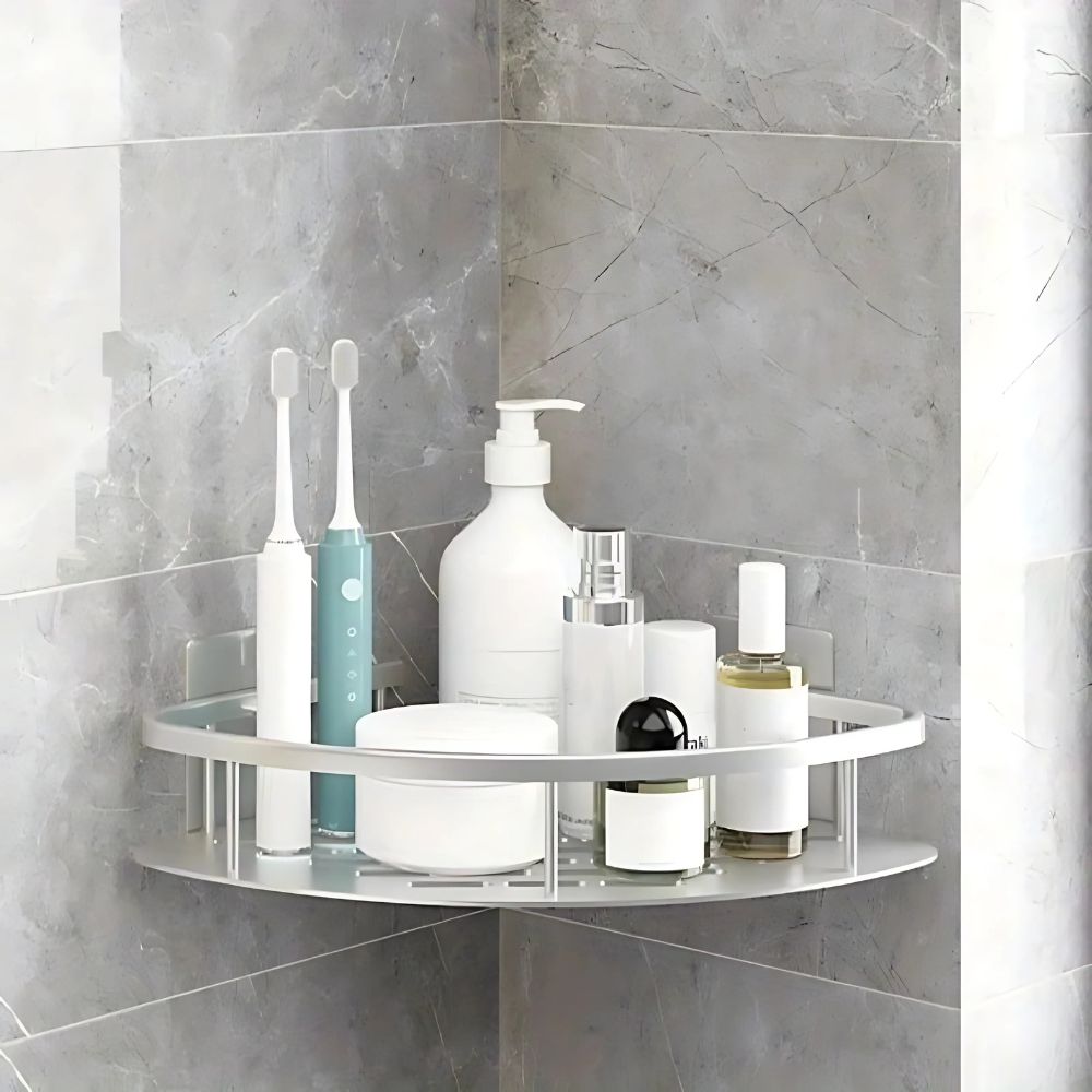 Roestvrij aluminium doucherek, compact en zelfklevend, ideaal voor shampoo en zeep opslag.