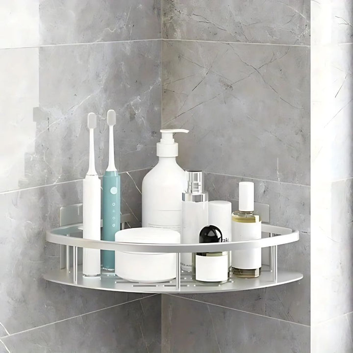 Roestvrij aluminium doucherek, compact en zelfklevend, ideaal voor shampoo en zeep opslag.