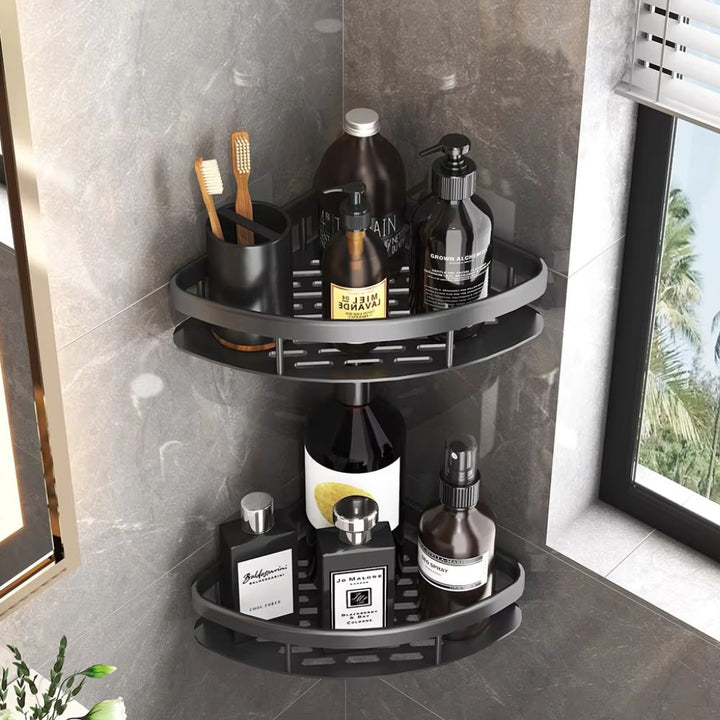Compact zilverkleurig aluminium badkamerrek, zelfklevend, perfect voor efficiënte organisatie.