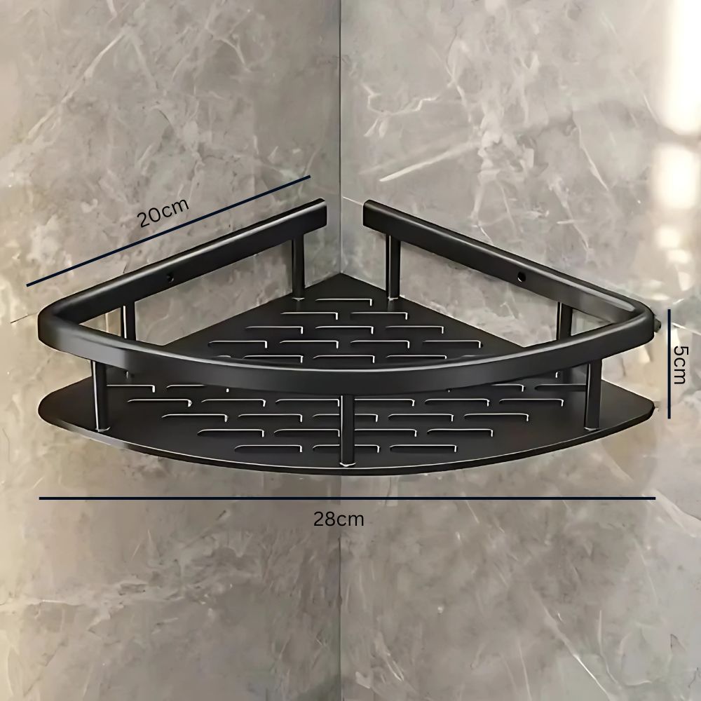 Detail van het zelfklevende opbergsysteem: een robuuste aluminium doucheplank voor de badkamer.
