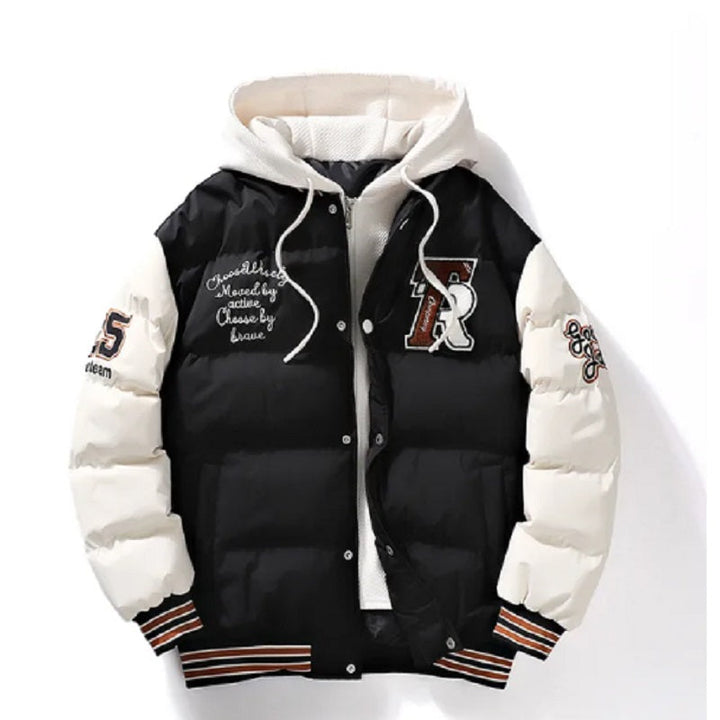 Heren winter varsity jas met capuchon, ideaal voor een warme en stijlvolle winterlook. Trendy bovenkleding.