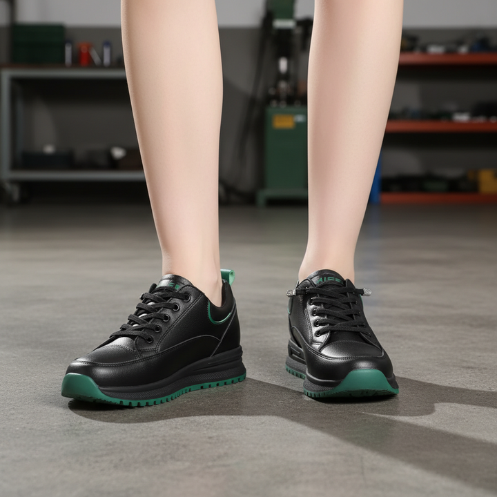 Zwarte Pamela dames antislip schoenen, ergonomisch comfortabel met veilige grip, ideaal voor werk of wandelen.