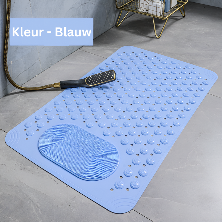 Deze badmat voorkomt uitglijden en scrubt voeten; een hygiënische antislip oplossing voor elke douche.