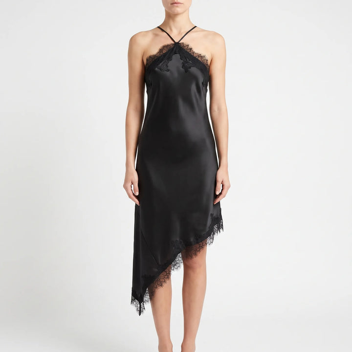 Stijlvolle asymmetrische zwarte midi jurk voor dames, ideaal als elegante zomerjurk of feestelijke avondkleding.
