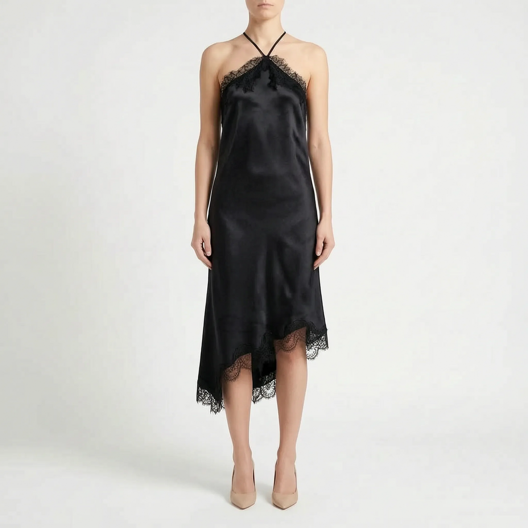 Elegante zwarte dames midi jurk met asymmetrisch design, een veelzijdige slipdress voor avondkleding en feesten.