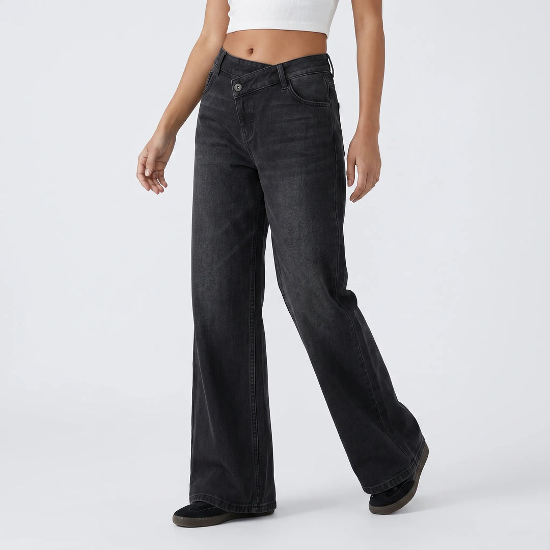 Duurzame denim dames wijde jeans met hoge taille en asymmetrische knoopsluiting; comfortabele spijkerbroek.