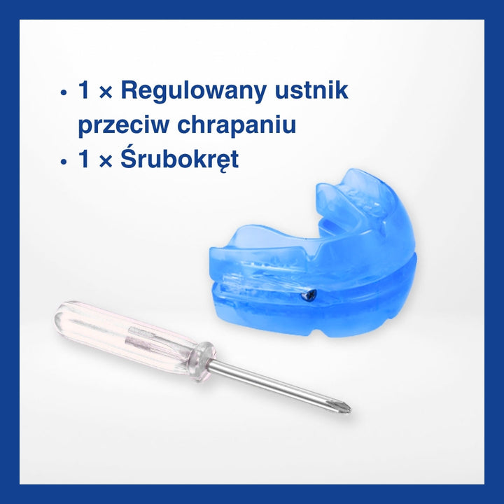 Hand houdt AureaGuard anti-snurk mondstuk vast: Toont verstelbare pasvorm voor persoonlijk comfort en betere ademhaling.
