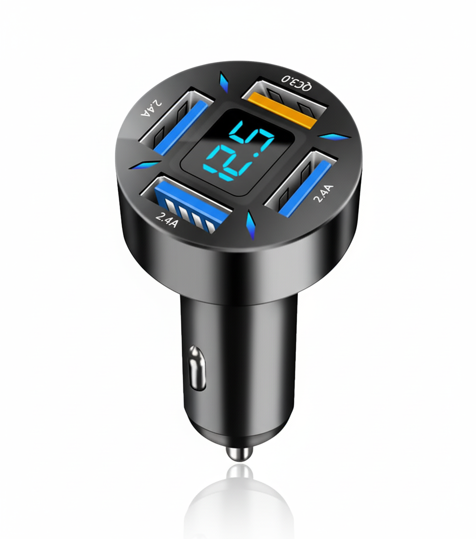 Compacte 66W autolader met dubbele USB-poorten (PD & QC) voor snel opladen van mobiele apparaten.