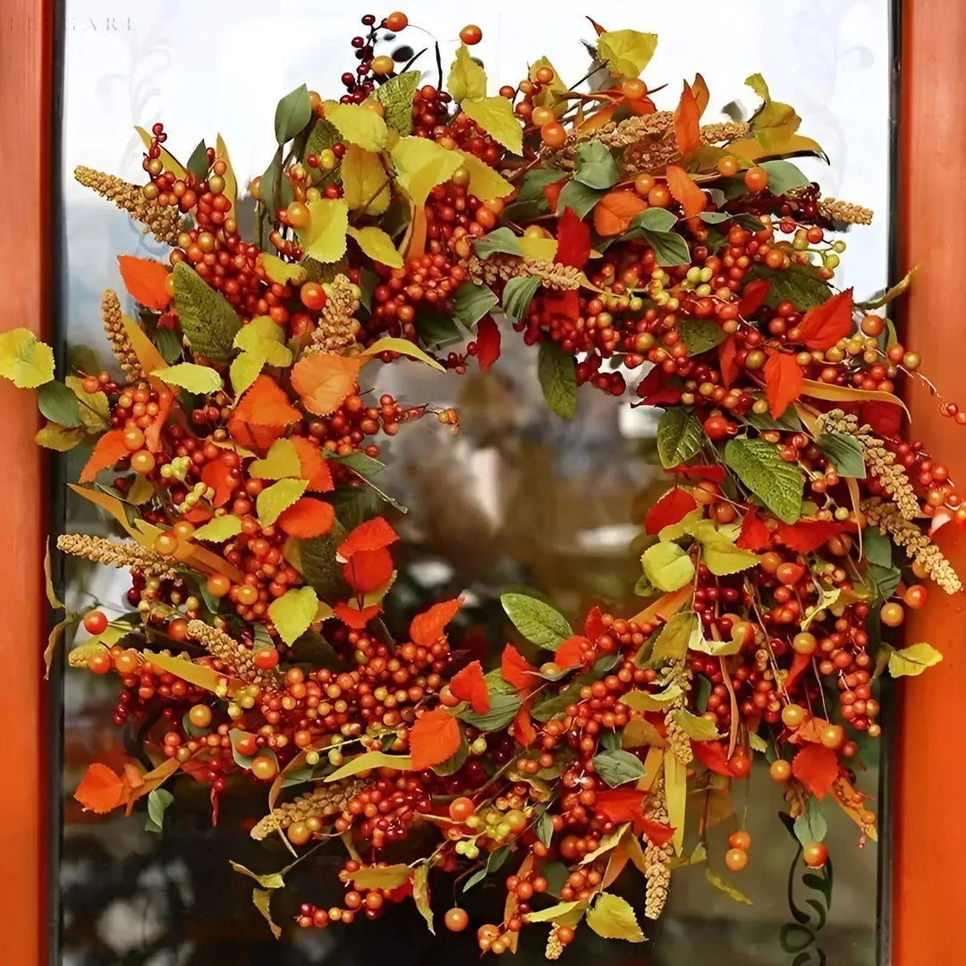 Herfstige rotan deurkrans AmberLeaf, perfecte seizoensdecoratie voor een warm welkom aan je voordeur.