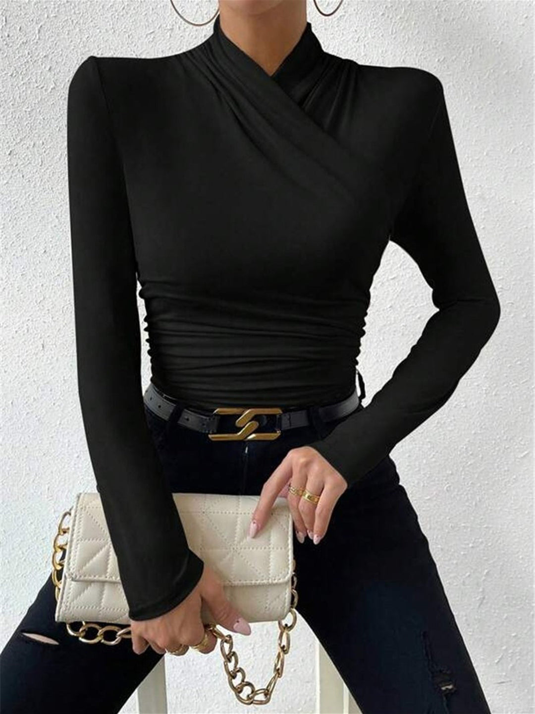 Casual elegant dames T-shirt met overslagkraag en lange mouwen, perfect voor dagelijks gebruik.