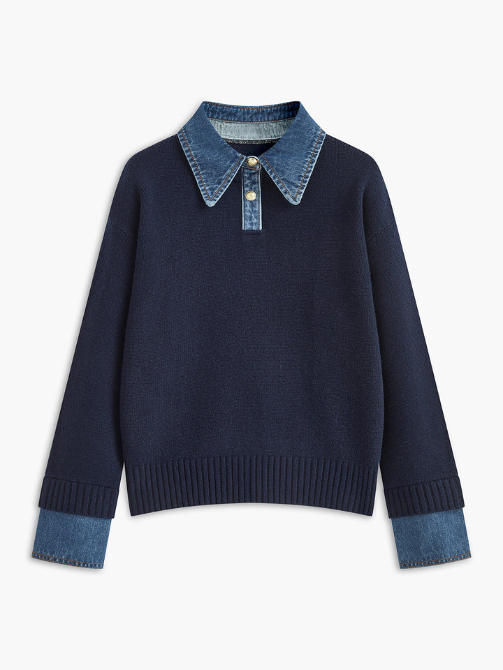 Gebreide dames trui met witte overhemdkraag, biedt een chique blouse look voor dagelijks gebruik.