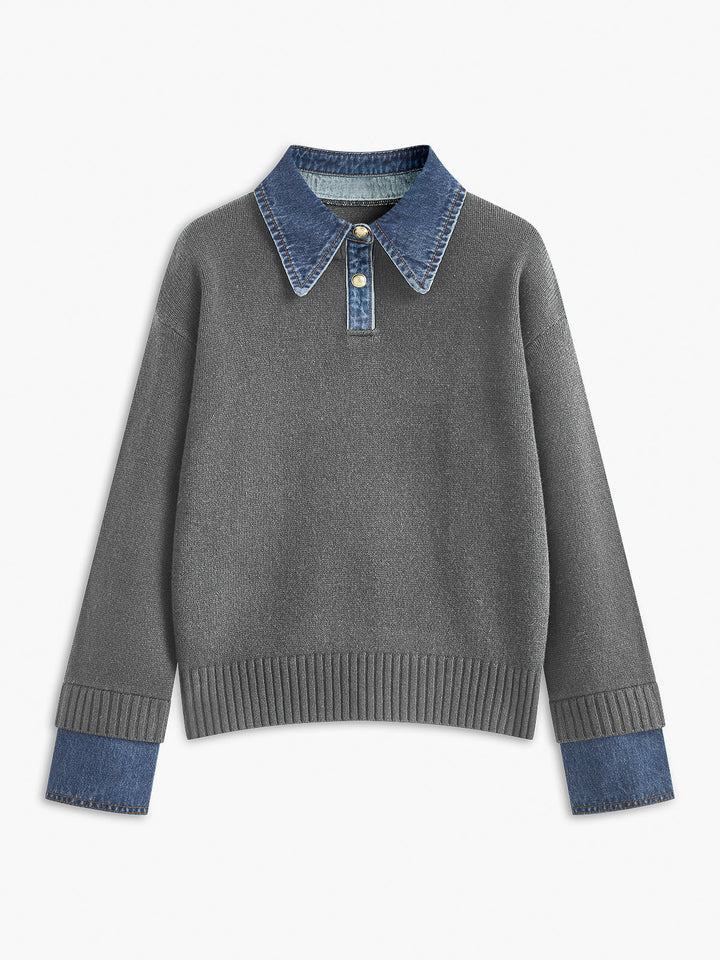 Casual dames trui met gebreide look en moderne overhemdkraag, ideaal voor comfort op koude dagen.