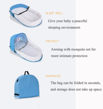 Blauw opvouwbaar reisbed voor baby's, compact en veilig, voor een goede nachtrust overal.