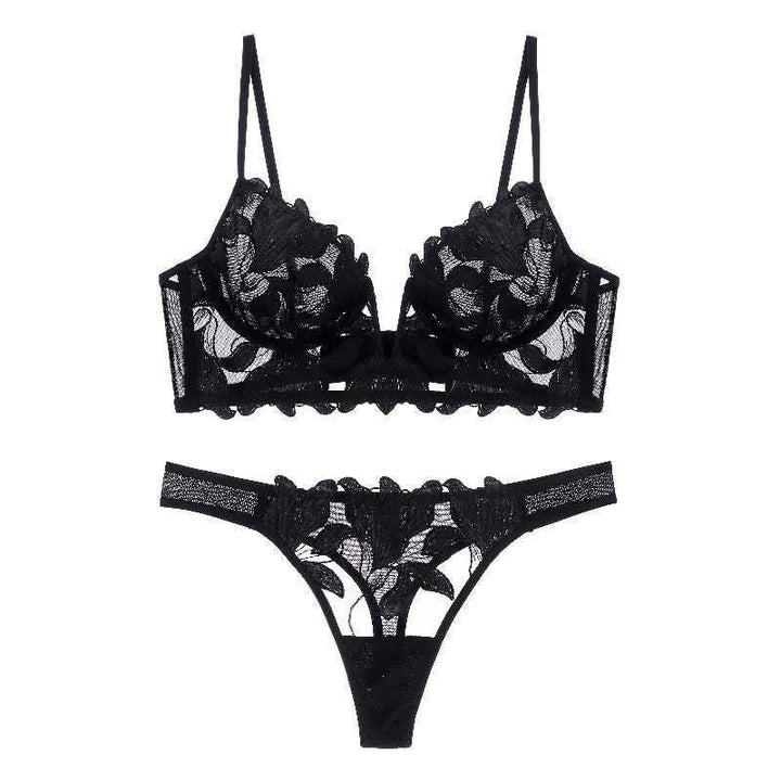 Diep V-hals push-up bh en bijpassende kanten slip. Franse dames sexy lingerie set met stijlvol ondergoed.