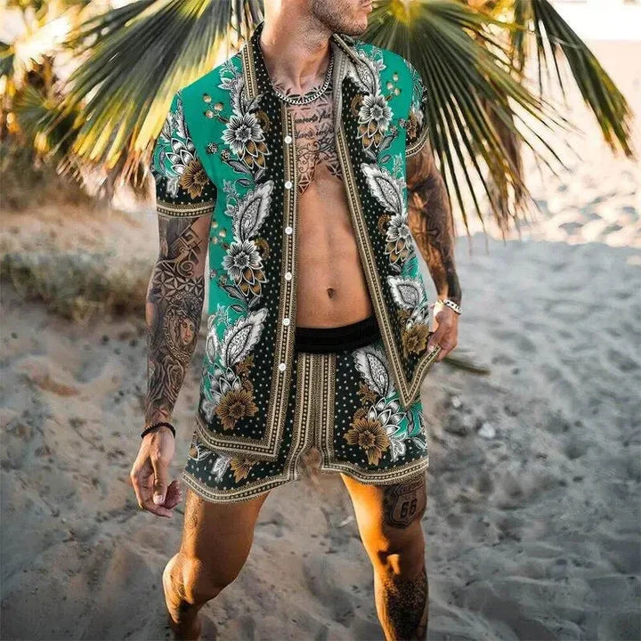 Trendy heren zomeroutfit set voor vakantie, met levendige print en korte mouwen.