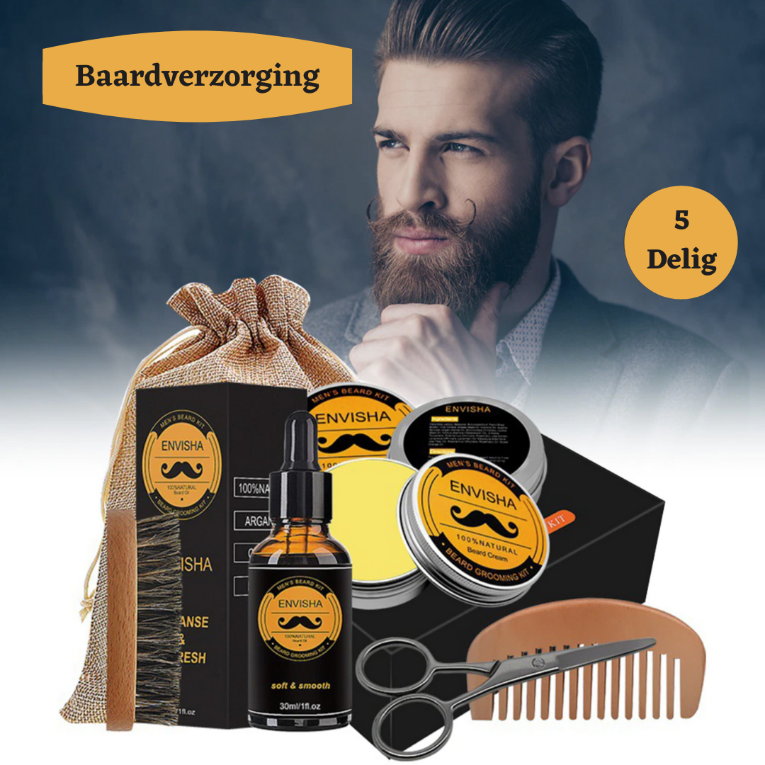 Mannen baardgroei & verzorgingsset met baardolie, balsem, dermaroller, kam en borstel voor een volle, gezonde baard.
