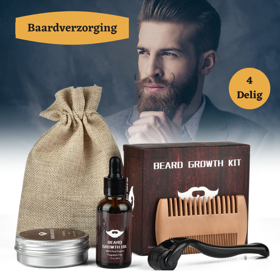 Complete baardgroei kit voor mannen. Inclusief baardroller, olie, balsem & borstel voor stimulatie van een volle baard.