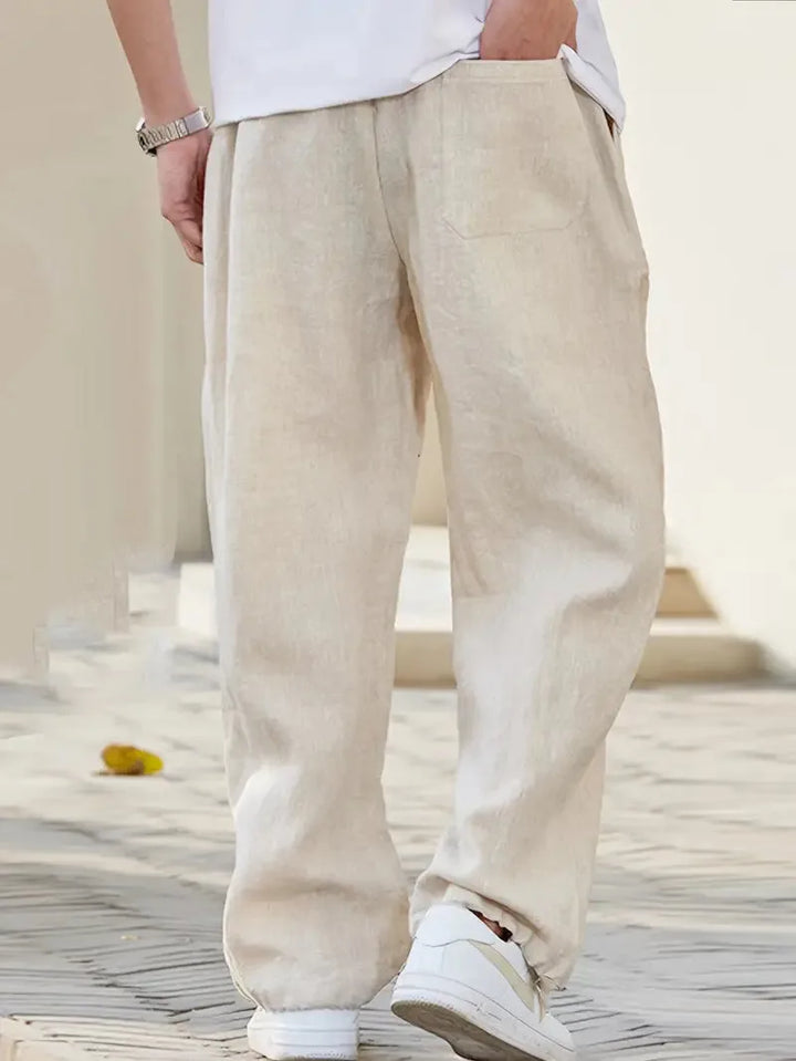 Casual heren mode: beige baggy linnen broek voor ultiem comfort en een relaxte zomerstijl, met elastische taille.